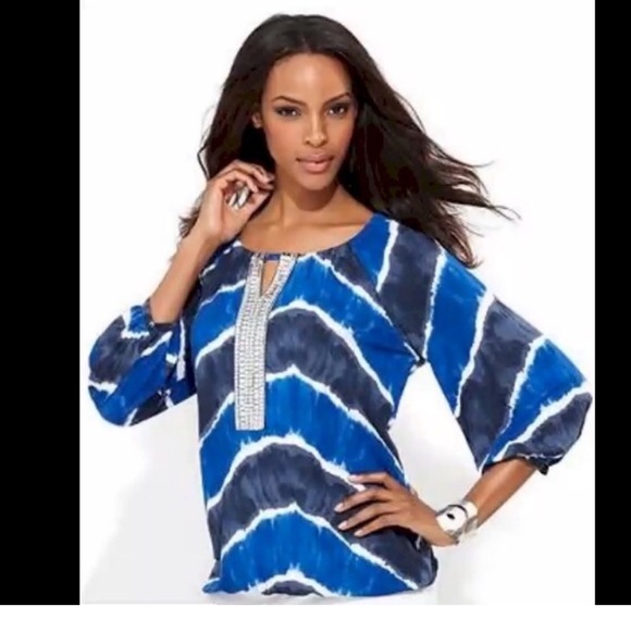 NWT INC International Concepts Blue/White/Black with Silver Sequins Blouse - Picture 1 of 10